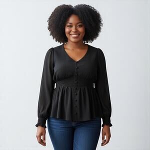NWT Torrid Smocked Waist Long Sleeve Chiffon Blouse Black